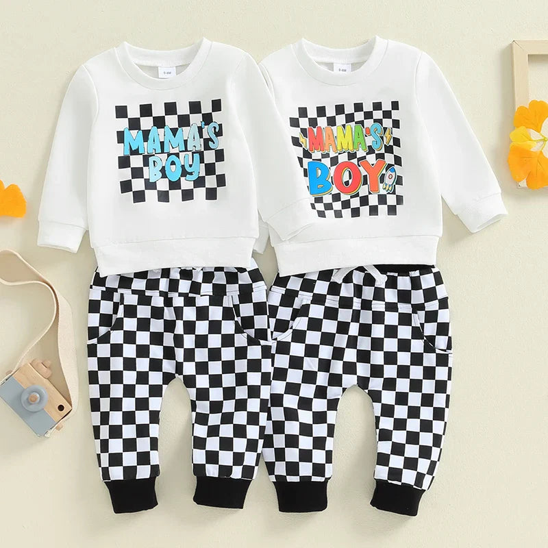Baby Toddler Boys 2Pcs Mama&amp;#39;s Boy Checkered Set Letter Print Long Sleeve Round Neck Top with Pocket Long Pants Outfit