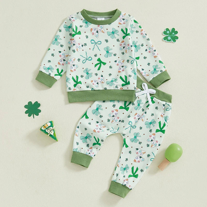 Baby Toddler Girls 2Pcs St. Patrick&amp;#39;s Day Outfit Long Sleeve O Neck Bow Clover Shamrock Print Top Pants Jogger Set