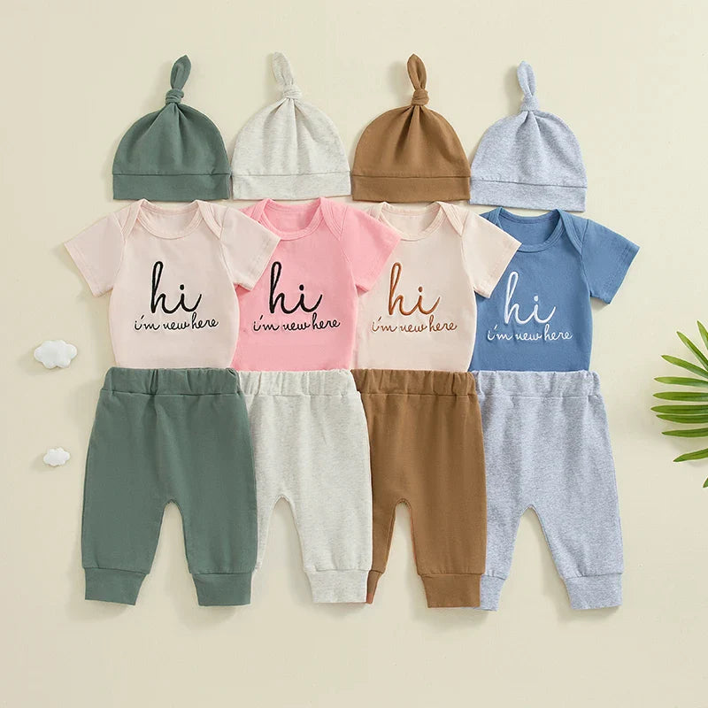 Baby Girl Boy 3Pcs Hi I&amp;#39;m New Here Outfit Letter Embroidery Short Sleeve Romper Elastic Waist Long Pants Hat Clothes Set