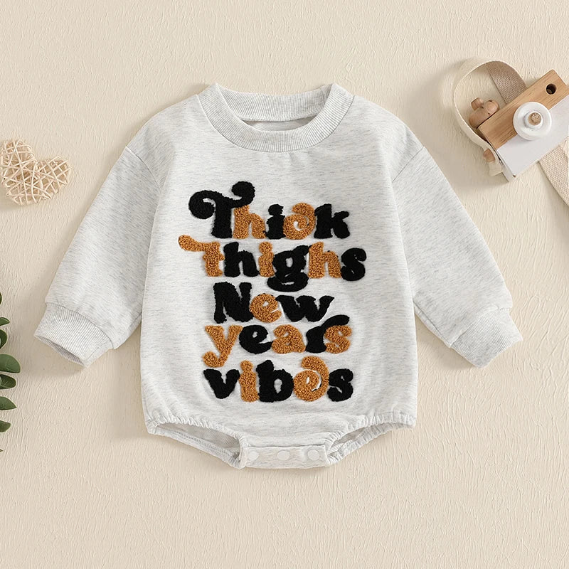 Baby Girls Boys New Year&amp;#39;s Eve Romper Long Sleeve Crew Neck Embroidery Letters Thick Thighs New Years Vibes Bodysuit