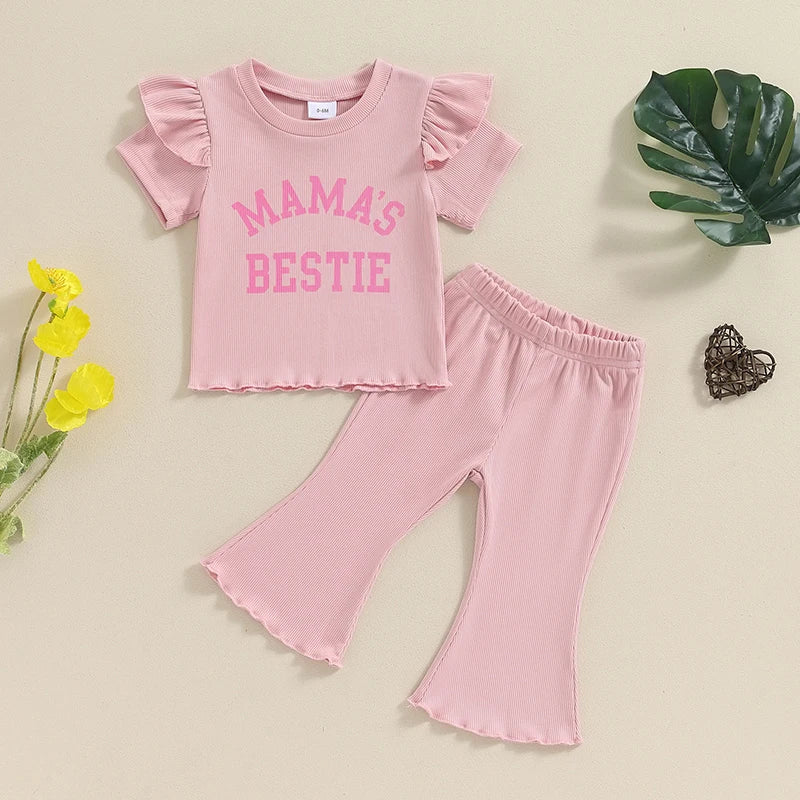 Baby Toddler Girls 2Pcs Mama&amp;#39;s Bestie Flying Sleeve Letter Print Short Sleeve Top Flared Bellbottom Long Pants Set Outfit