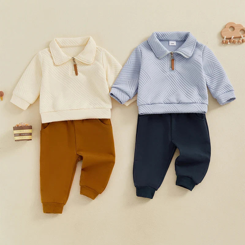 BABY TODDLER BOYS 2PCS AUTUMN OUTFIT SET LONG SLEEVE LAPEL HALF ZIP UP PULLOVER SOLID COLOR PANTS SET
