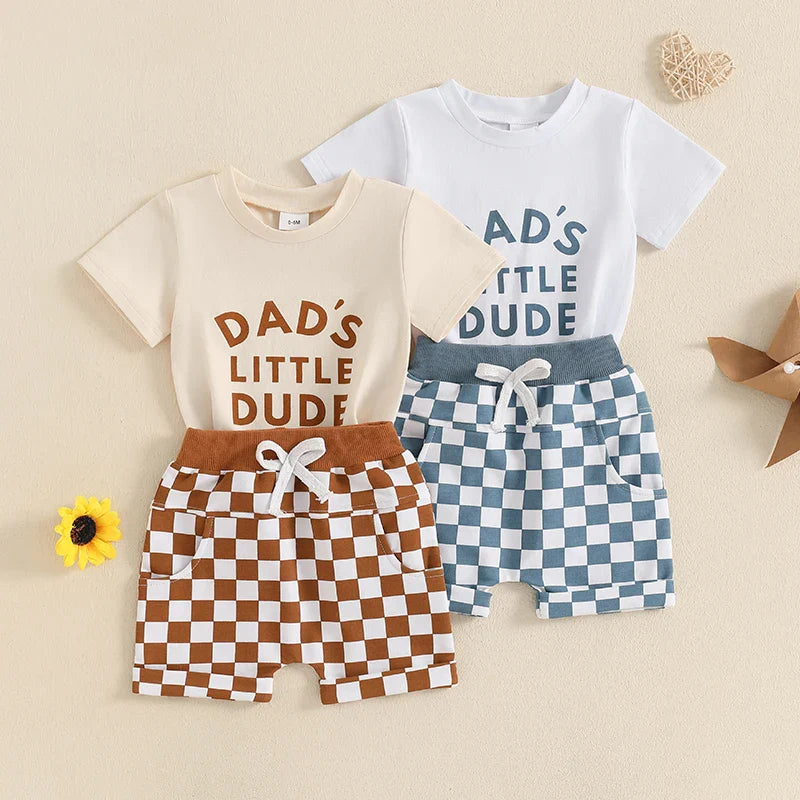 Baby Toddler Boys 2Pcs Dad&amp;#39;s Little Dude Summer Outfit Letter Print Short Sleeve T-Shirt Top and Elastic Checkered Print Shorts Set