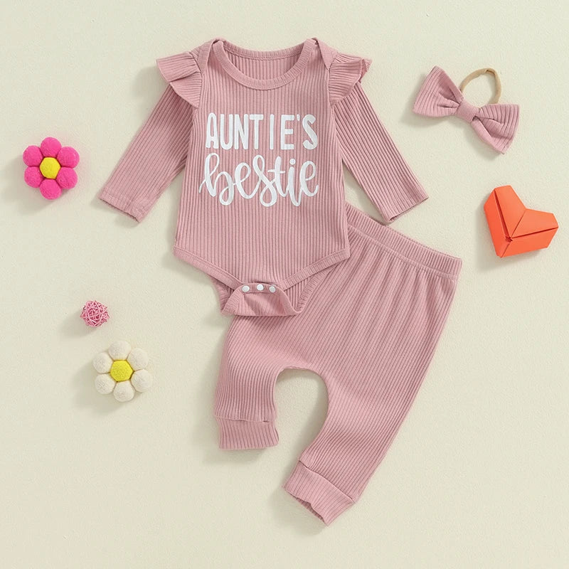 Baby Girls 3Pcs Auntie&amp;#39;s Bestie Ribbed Letter Print Long Sleeve Round Neck Ruffled Romper Pants Hair Band Outfit Set