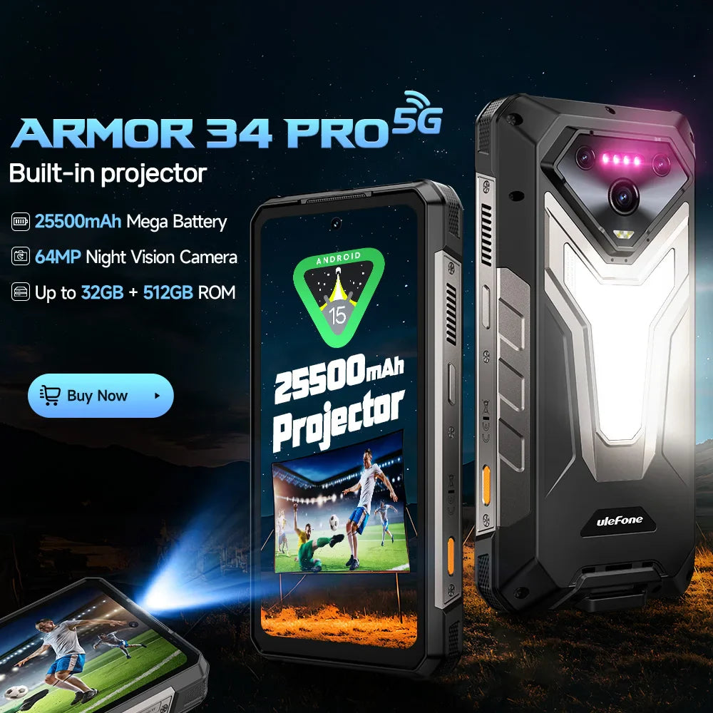 Ulefone Armor 34 Pro 5G AI Rugged Phone 25500mAh Up to 32GB+512GB Built-in Projector 120Hz 6.95&amp;quot; NFC Smartphone