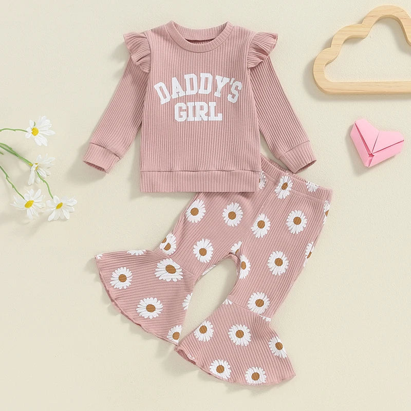 Baby Toddler Girls 2Pcs Daddy&amp;#39;s Girl Outfit Letter Print Frill Shoulder Long Sleeve Ribbed Top Flower Daisy Print Flare Long Pants Set
