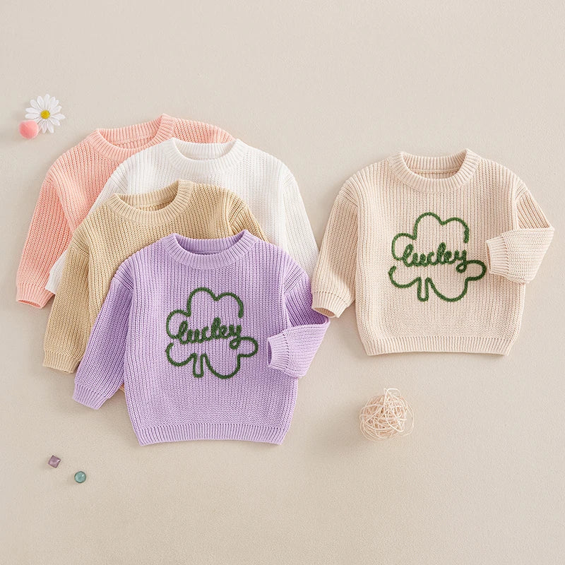 Baby Toddler Kids Boys Girls Lucky Knit Sweater Long Sleeve Round Neck Shamrock Letter Embroidery Pullover Spring St. Patrick&amp;#39;s Day Top