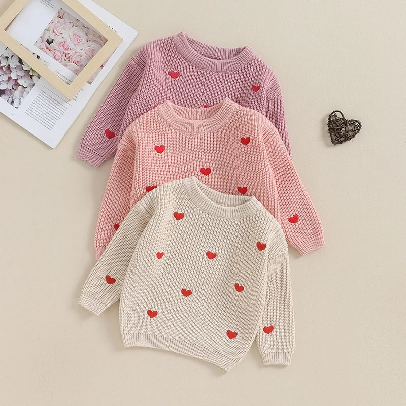 Baby Girl Knit Sweater Heart Embroidery Pullover Valentine&amp;#39;s Day Clothes Top