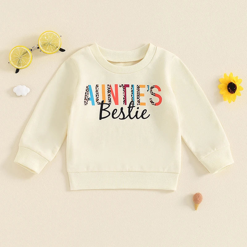Baby Toddler Girl Auntie&amp;#39;s Bestie Casual Letter Print Crew Neck Long Sleeve Pullover Top