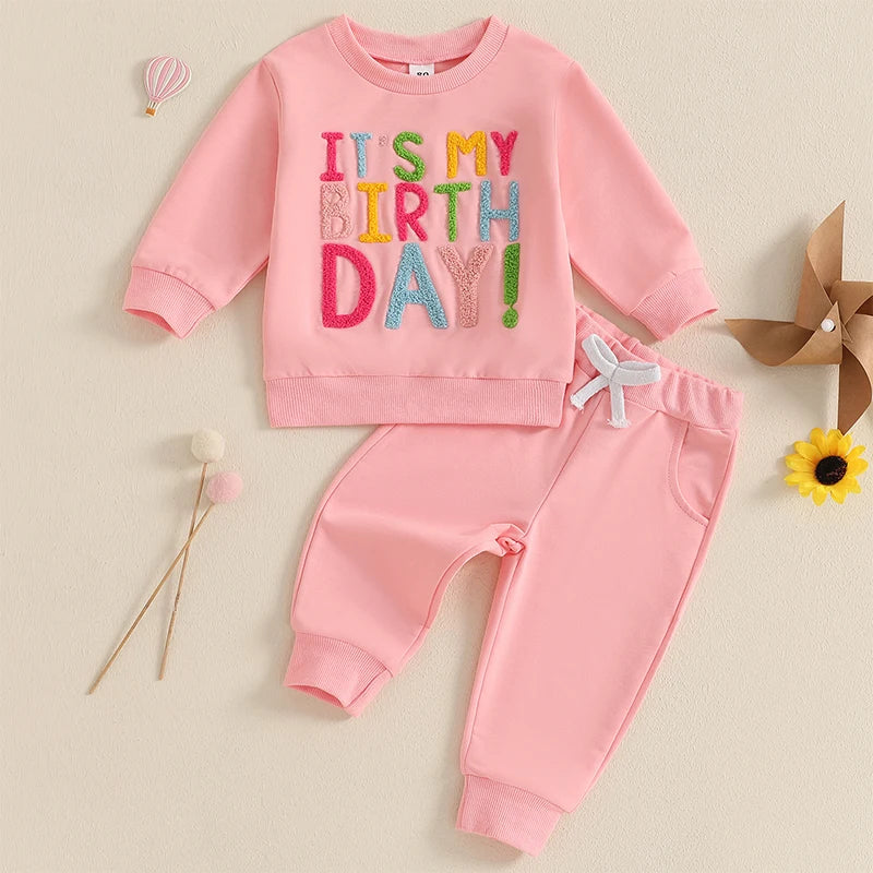 Baby Toddler Kids Girls It&amp;#39;s My Birthday Outfit Letter Embroidery Long Sleeve Crew Neck Pullover Top with Solid Long Pants Jogger Set