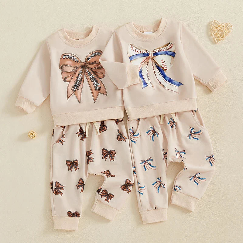 BABY TODDLER GIRLS 2PCS FALL OUTFIT FOOTBALL / BASEBALL BOW PRINT LONG SLEEVE CREWNECK TOP AND ELASTIC PANTS JOGGER SET