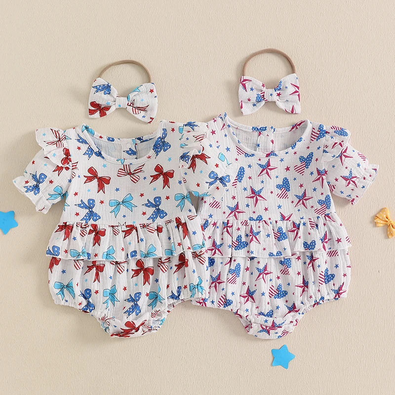 Baby Girl 2Pcs 4th of July Outfit Love Heart Star Pattern Ruffled Crew Neck Short Sleeve Romper &amp;amp; Bow Headband Set