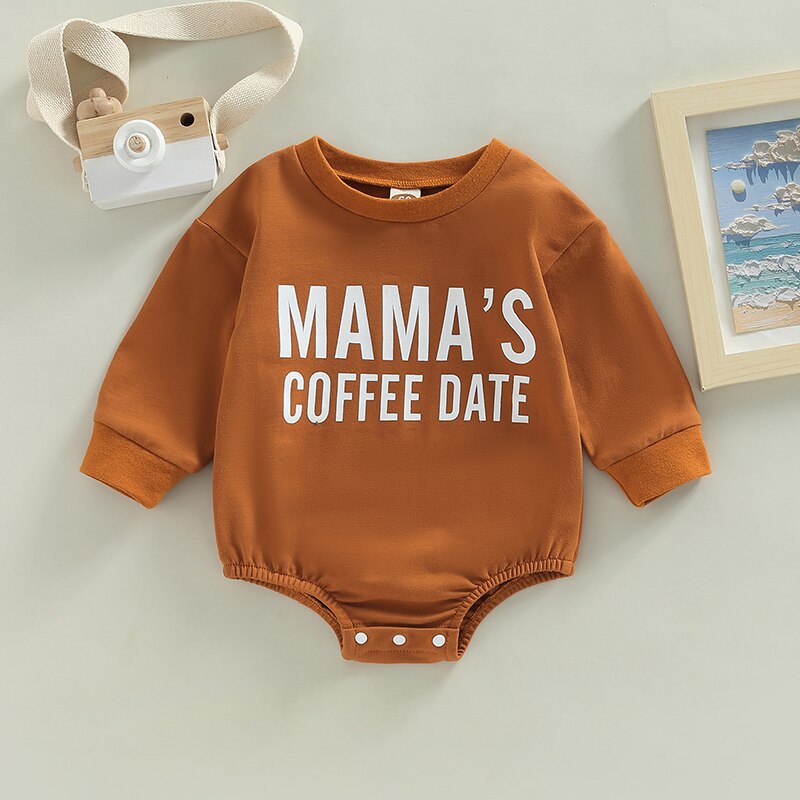Infant Baby Boy Girl Mamas Coffee Date Print Long Sleeve Bubble Romper