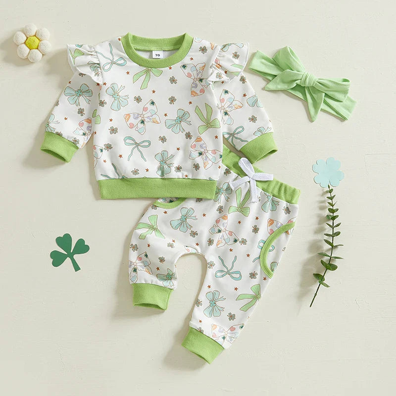 Baby Toddler Girls 3Pcs St. Patrick&amp;#39;s Day Outfit Bow Four Leaf Clover Shamrock Print Crew Neck Long Sleeve Top Long Pants Headband Jogger Set