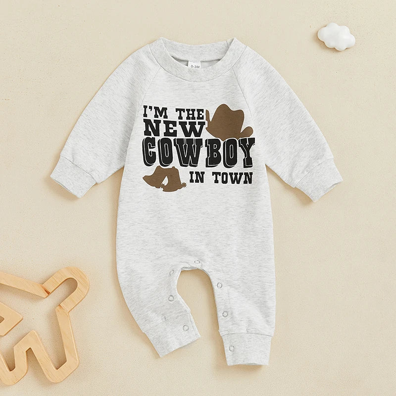 Baby Boy I&amp;#39;m The New Cowboy In Town Western Romper Letter Print Round Neck Long Sleeve Full Length Jumpsuit Fall