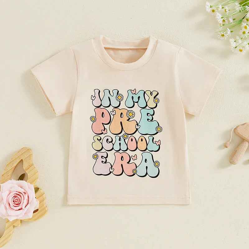 Toddler Kids Girls In My Preschool Era Back to School Colorful Letter &amp;amp; Floral Flowers Print Round Neck Short Sleeve Top