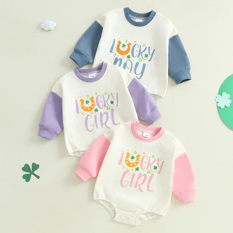 Baby Girls Lucky Girl Spring St. Patrick&amp;#39;s Day Bubble Romper Long Sleeve Crewneck Shamrock Horseshoe Print Bodysuit