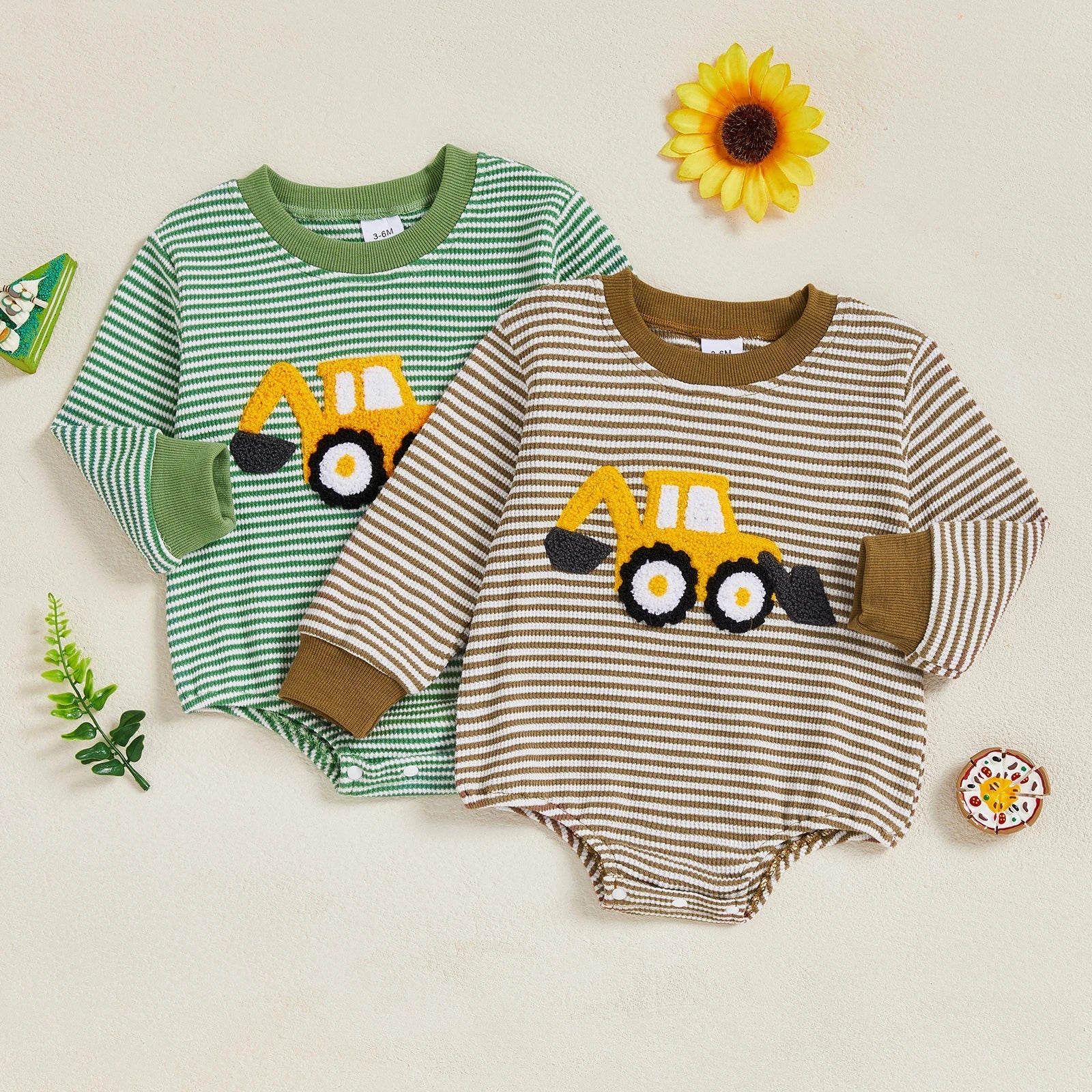 Baby Boy Fall Bubble Romper Casual Digger Tractor Embroidery Striped Long Sleeve Jumpsuit Infant Cute Outfit
