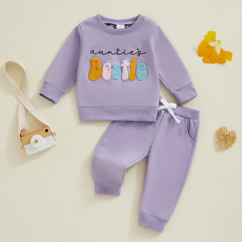 Baby Toddler Girls 2Pcs Auntie&amp;#39;s Bestie Outfit Long Sleeve Crew Neck Embroidery Letter Top with Elastic Waist Pants Clothes Jogger Set