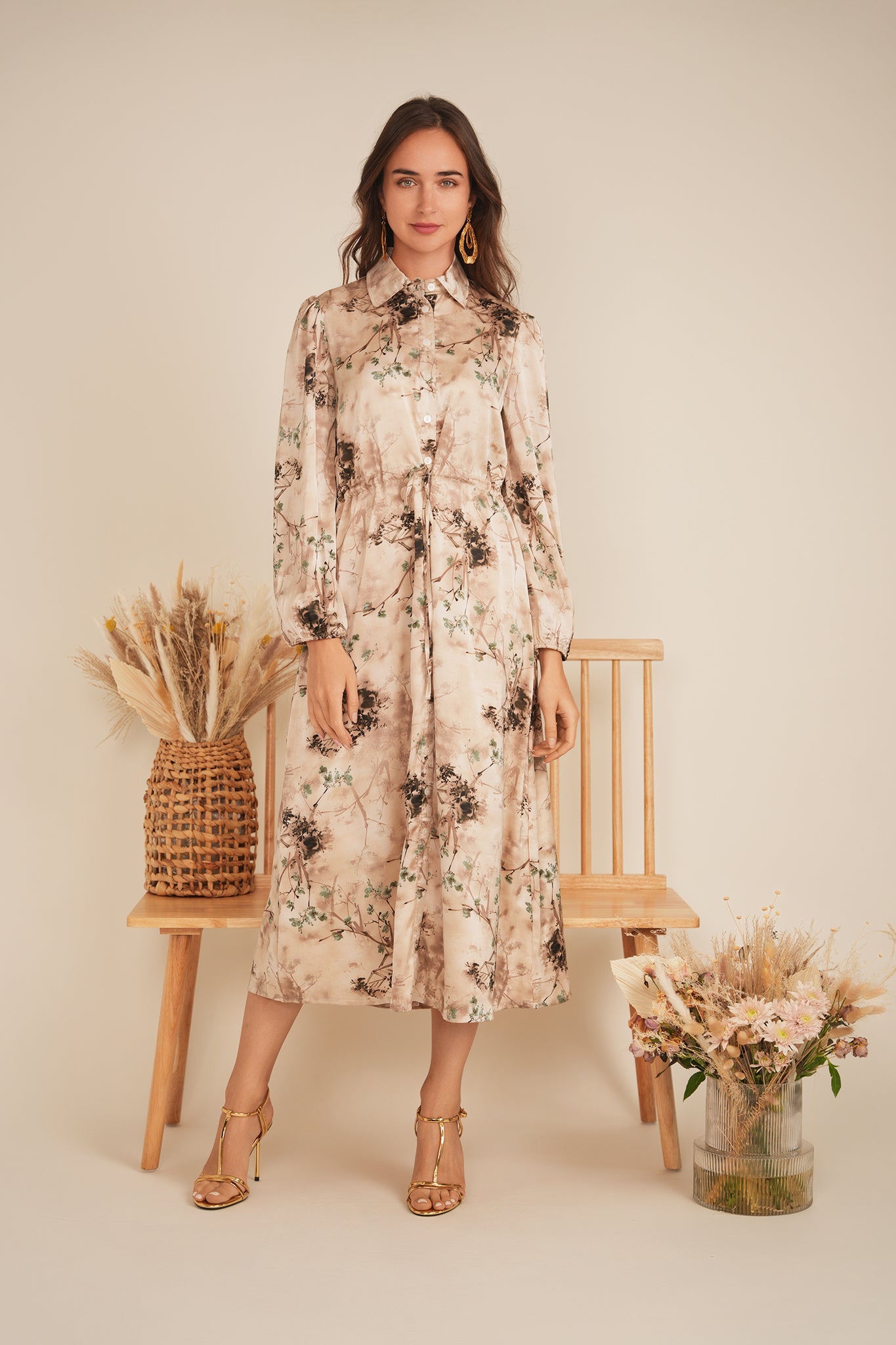Printed Satin Belted Shirt Dress