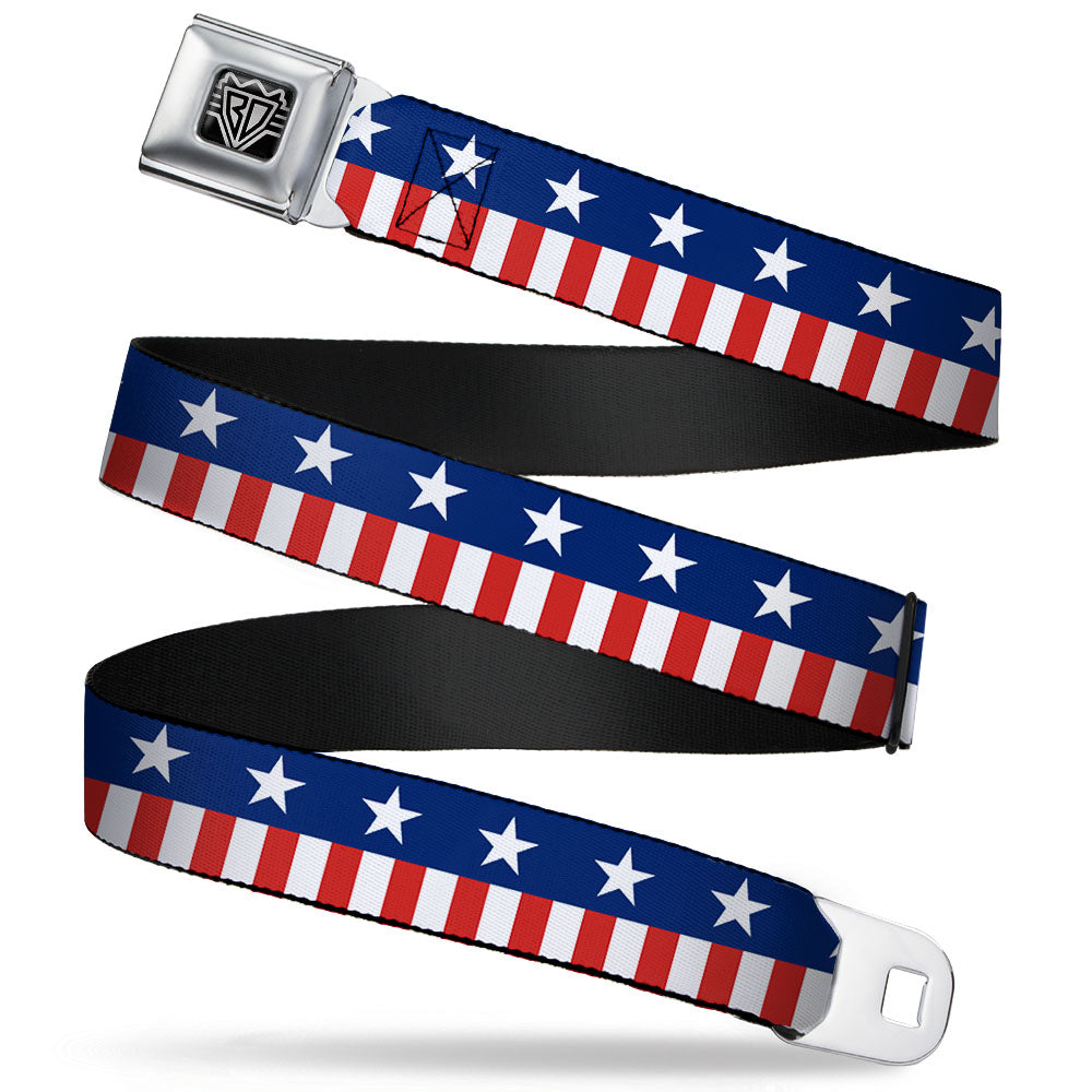 BD Wings Logo CLOSE-UP Full Color Black Silver Seatbelt Belt - Americana Stars &amp;amp; Stripes2 Blue/White/Red/White Webbing