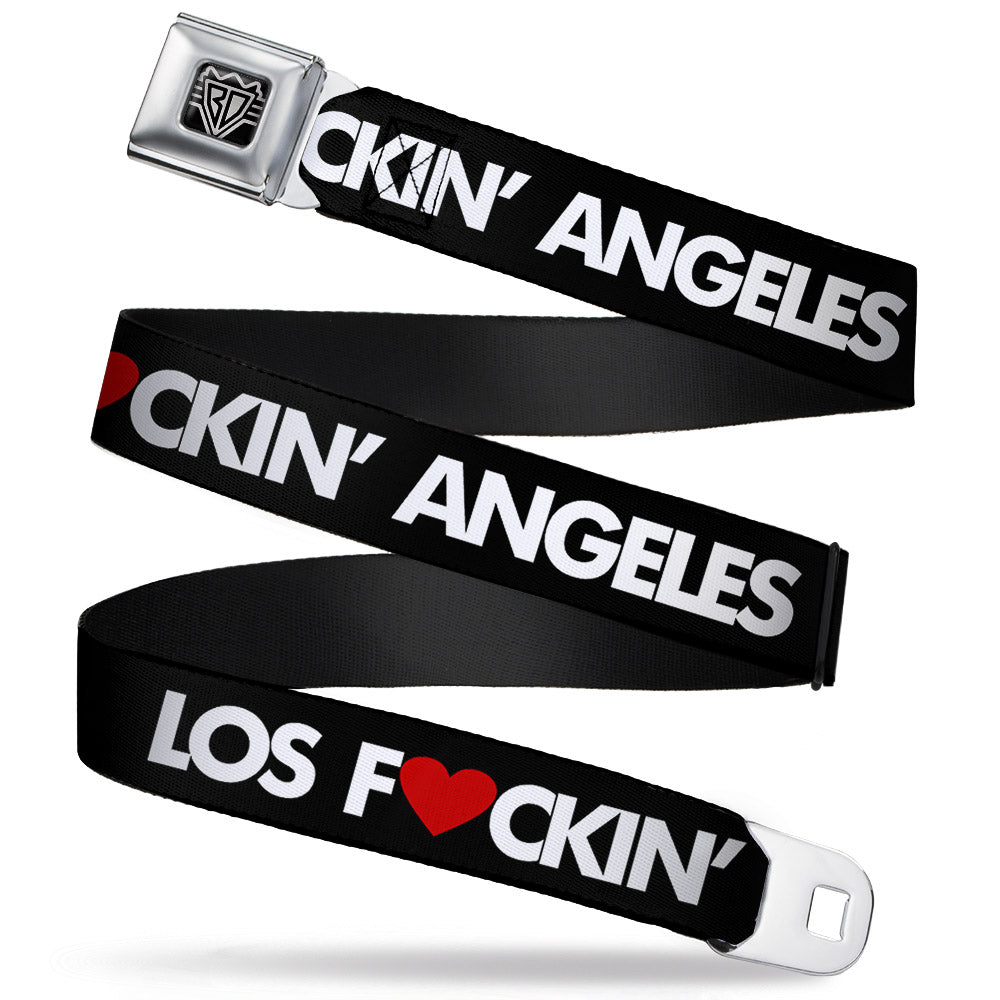 BD Wings Logo CLOSE-UP Full Color Black Silver Seatbelt Belt - LOS F*CKIN&amp;#39; ANGELES Heart Black/White/Red Webbing
