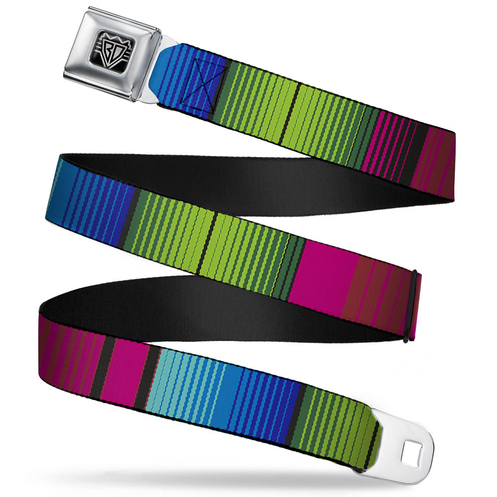 BD Wings Logo CLOSE-UP Full Color Black Silver Seatbelt Belt - Zarape7 Vertical Pinks/Blues/Greens/Black Webbing