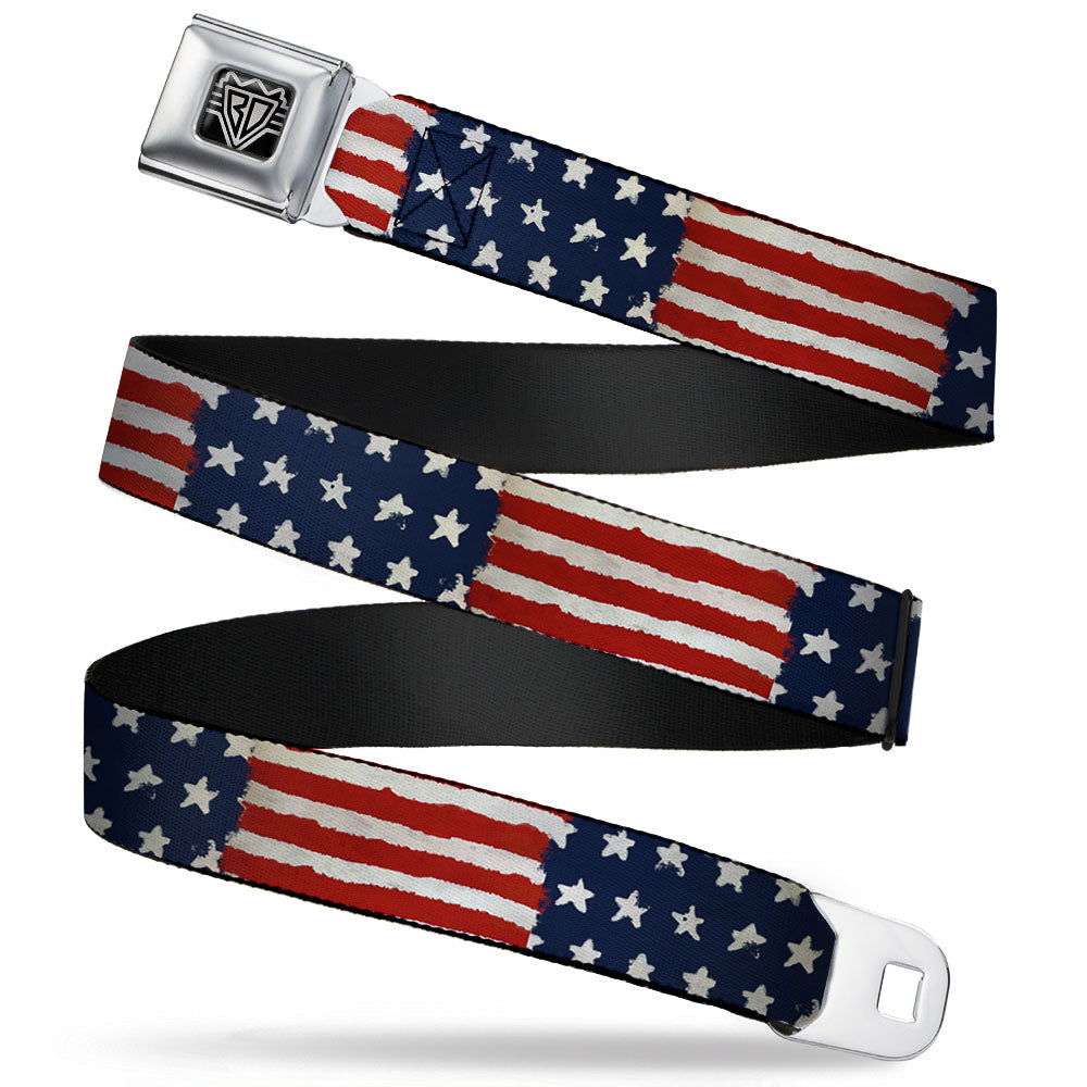 BD Wings Logo CLOSE-UP Full Color Black Silver Seatbelt Belt - Stars &amp;amp; Stripes Painting Webbing