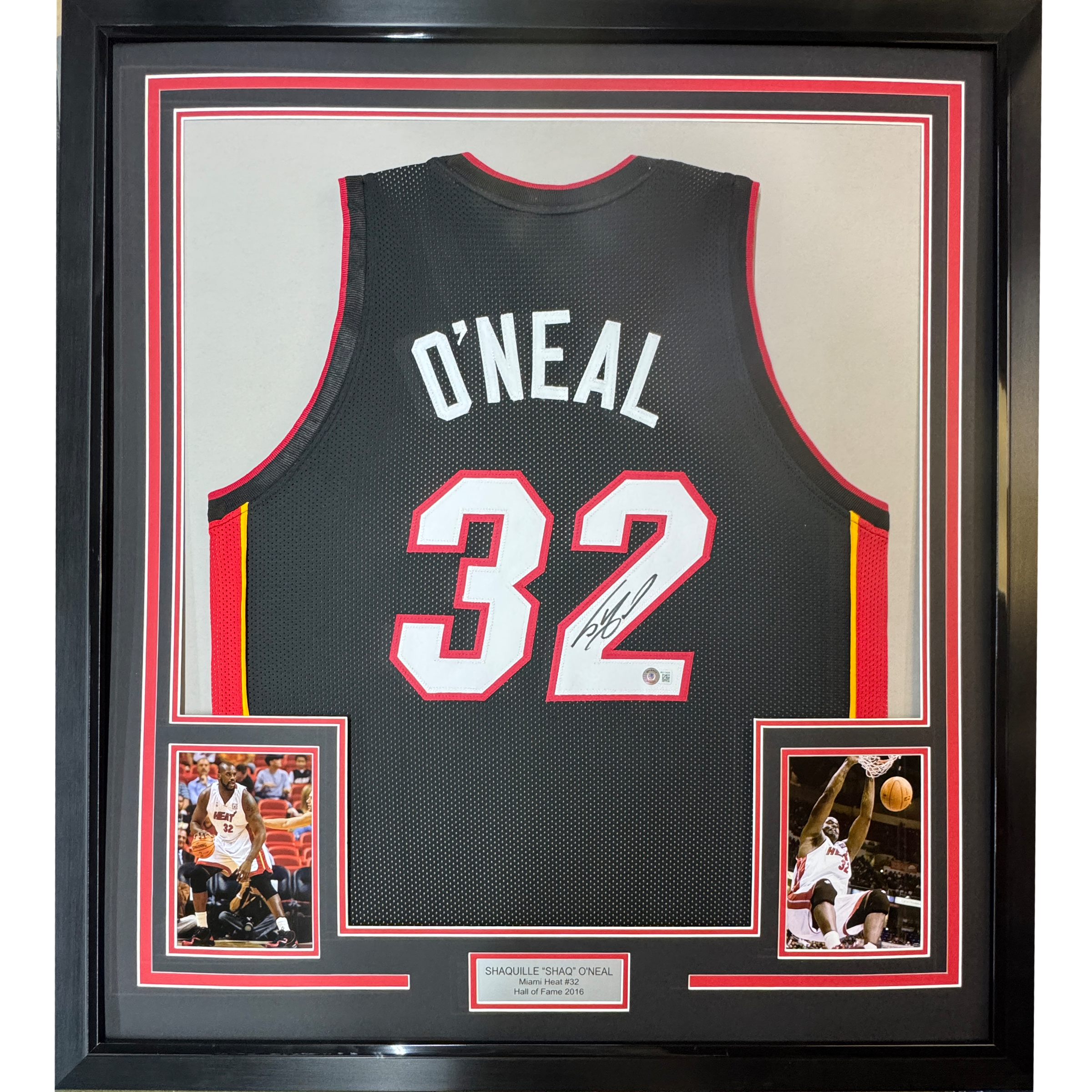 Framed Autographed/Signed Shaquille Shaq O&amp;#39;Neal 35x39 Miami Black Basketball Jersey Beckett BAS COA