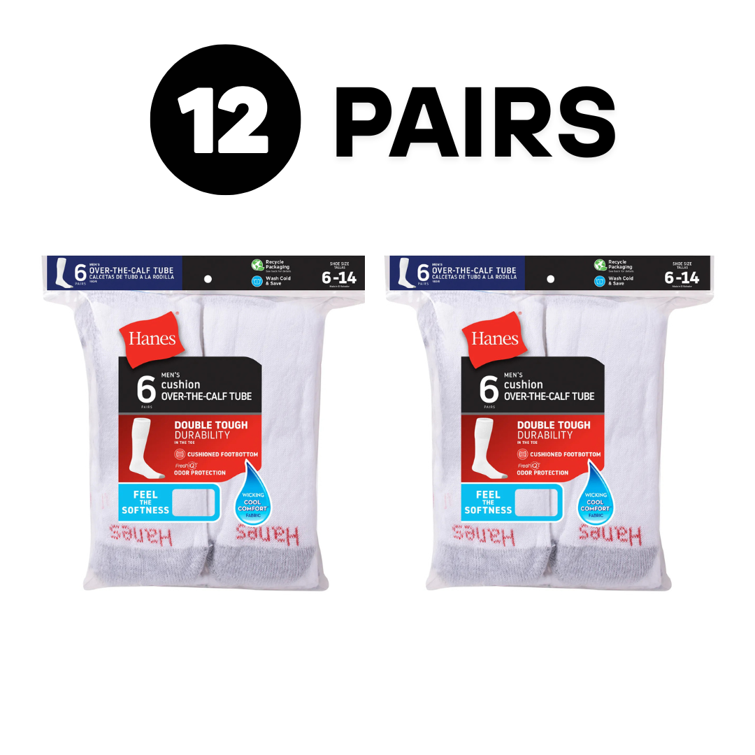 Hanes Double Tough Men&amp;#39;s Over-the-Calf Tube Socks, Odor Protection, 12 Pairs