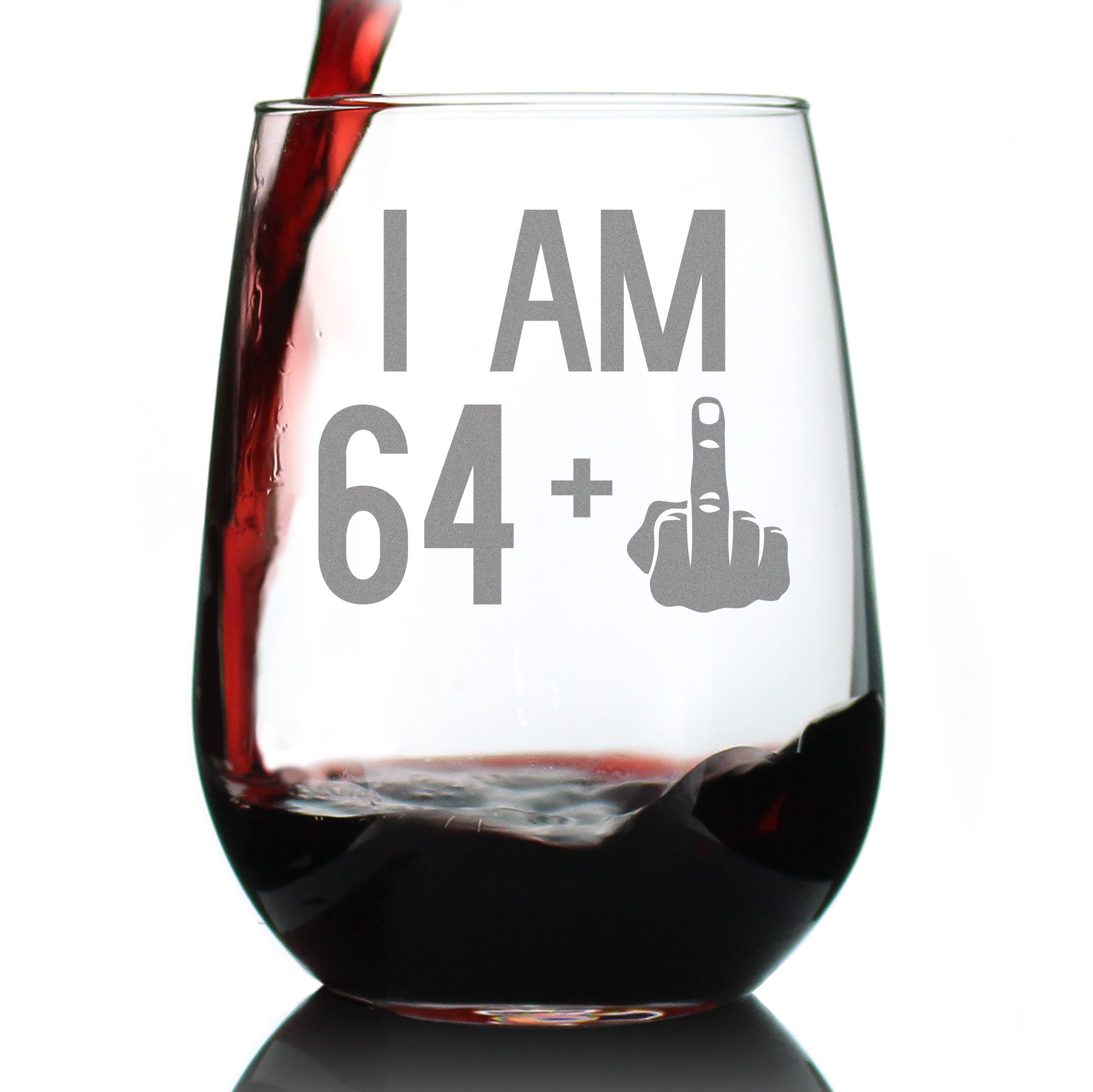 64 + 1 Middle Finger - 65th Birthday Stemless Wine Glass for Women &amp;amp; Men - Cute Funny Wine Gift Idea - Unique Personalized Bday Glasses for Mom, Dad, Friend Turning 65 - Drinking Party Decoration