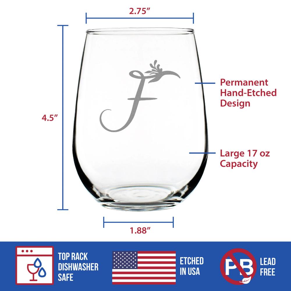 Monogram Floral Letter F - Stemless Wine Glass - Personalized Gifts for Women and Men - Large Engraved 17 Oz Glasses