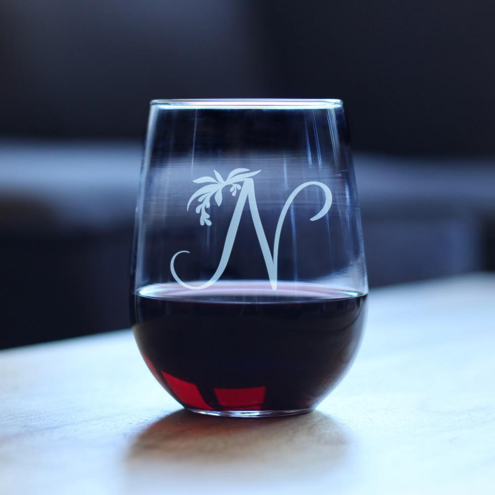 Monogram Floral Letter N - Stemless Wine Glass - Personalized Gifts for Women and Men - Large Engraved 17 Oz Glasses