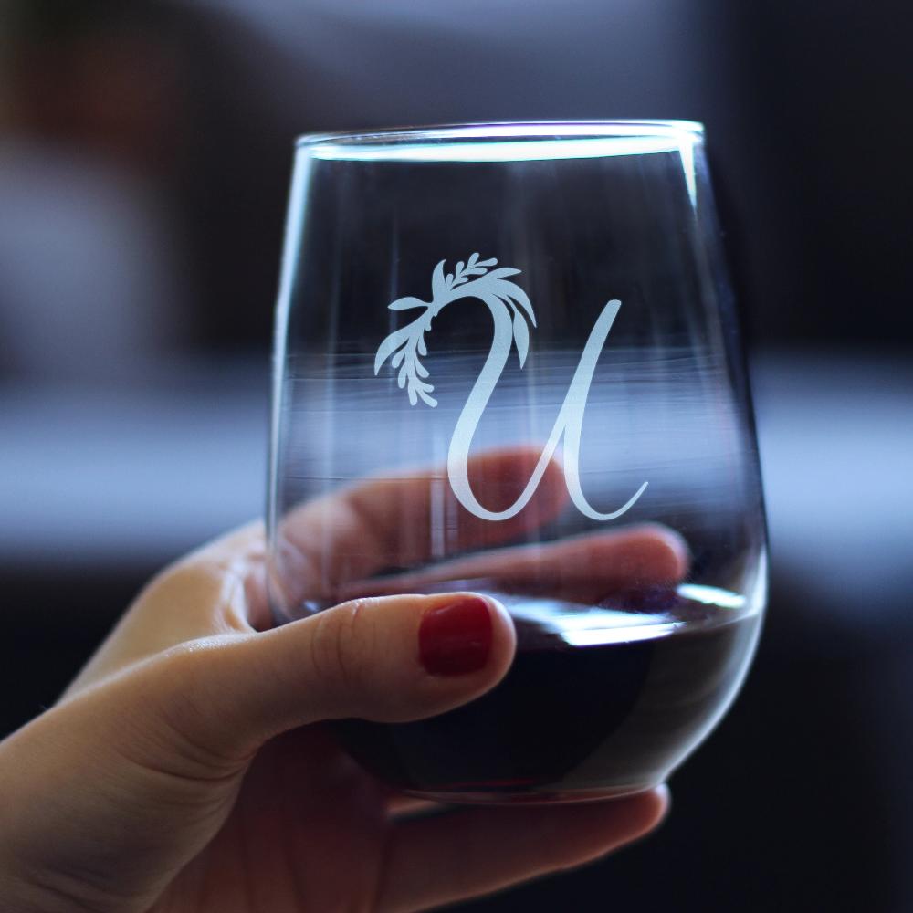 Monogram Floral Letter U - Stemless Wine Glass - Personalized Gifts for Women and Men - Large Engraved 17 Oz Glasses