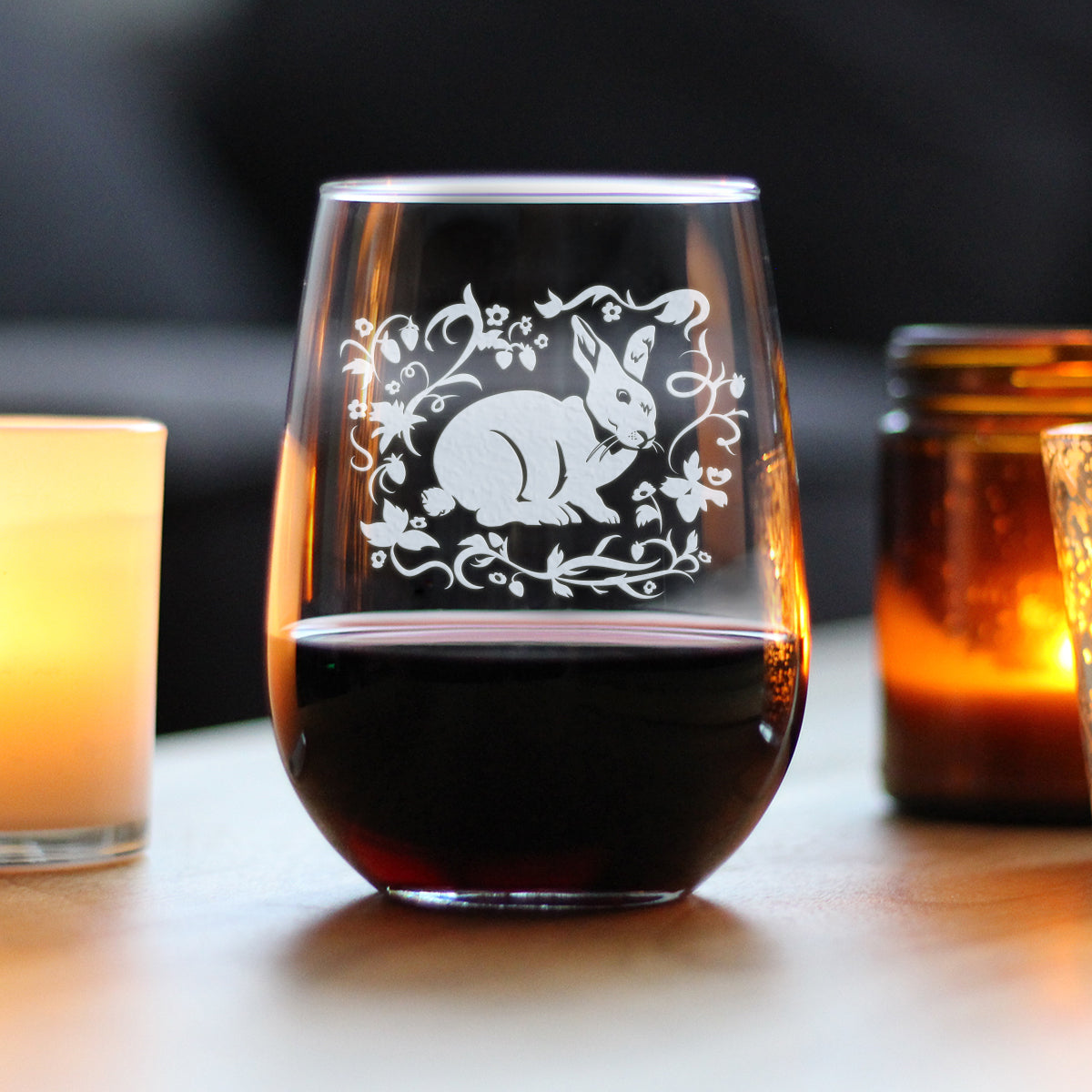 Berry Patch Bunny Rabbit - Stemless Wine Glass - Hand Engraved Gifts for Men &amp;amp; Women That Love Bunnies