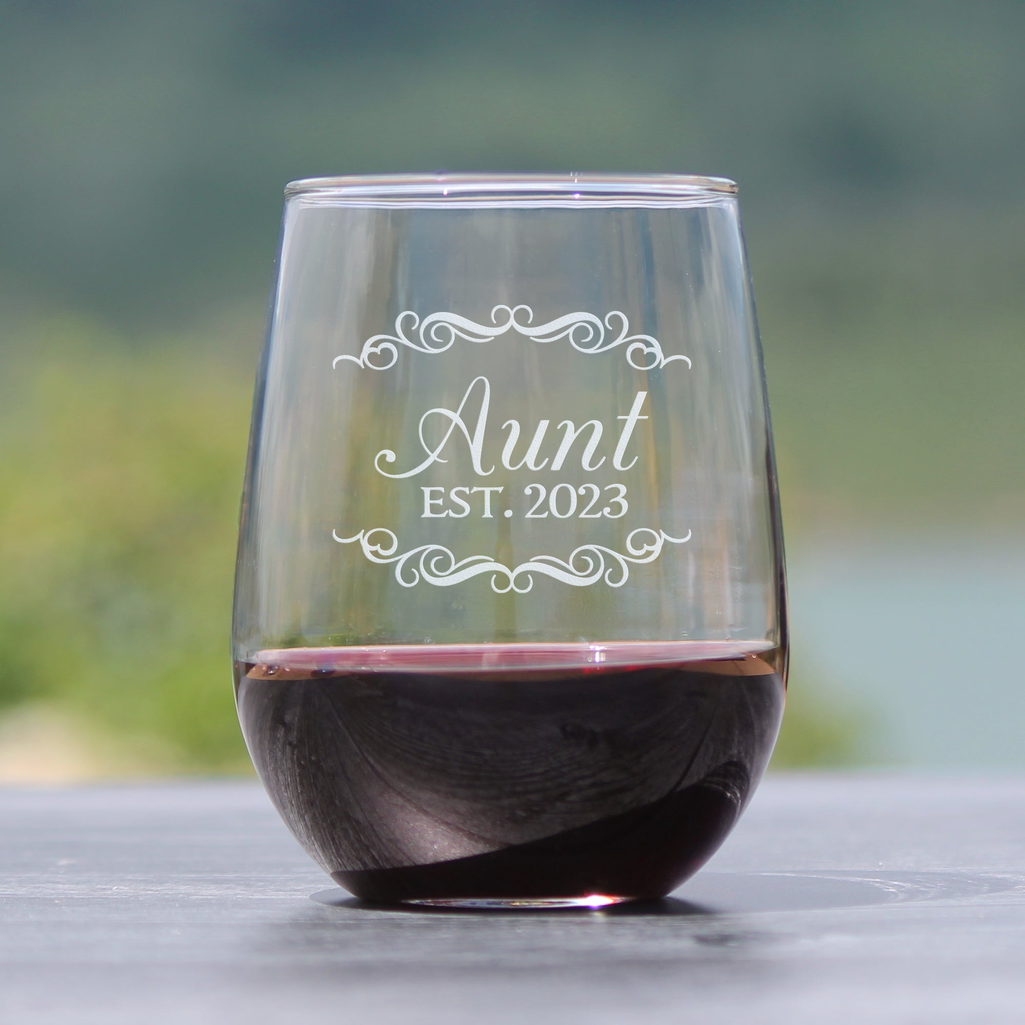 Aunt Est. 2023 - Decorative- 17 Ounce Stemless Wine Glass