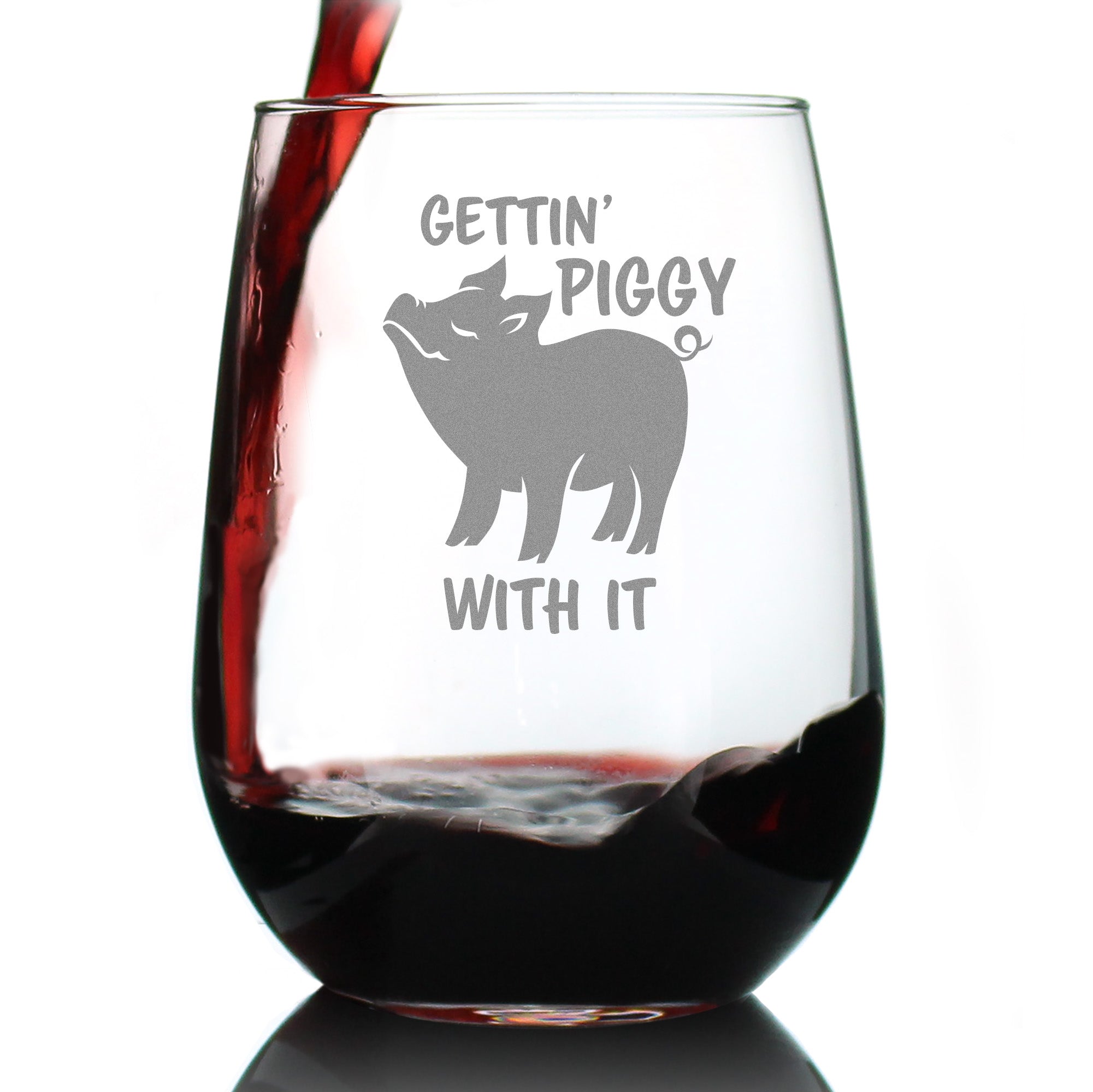 Gettin&amp;#39; Piggy With It - Cute Funny Stemless Wine Glass - Pig Decor Gifts for Lovers of Swine and Wine - Large 17 oz Glasses