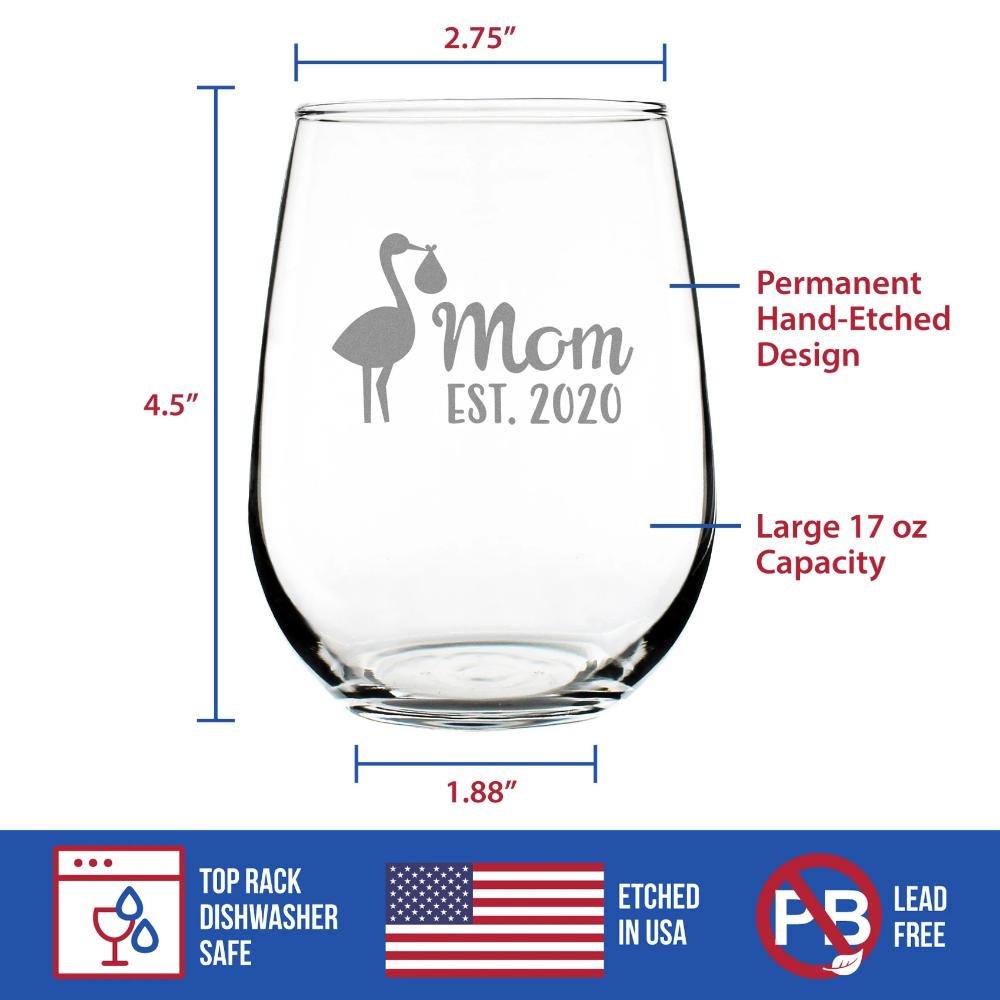 Mom Est 2020 with Stork - New Moms Stemless Wine Glass Gift for First Time Mommy - Large Glasses
