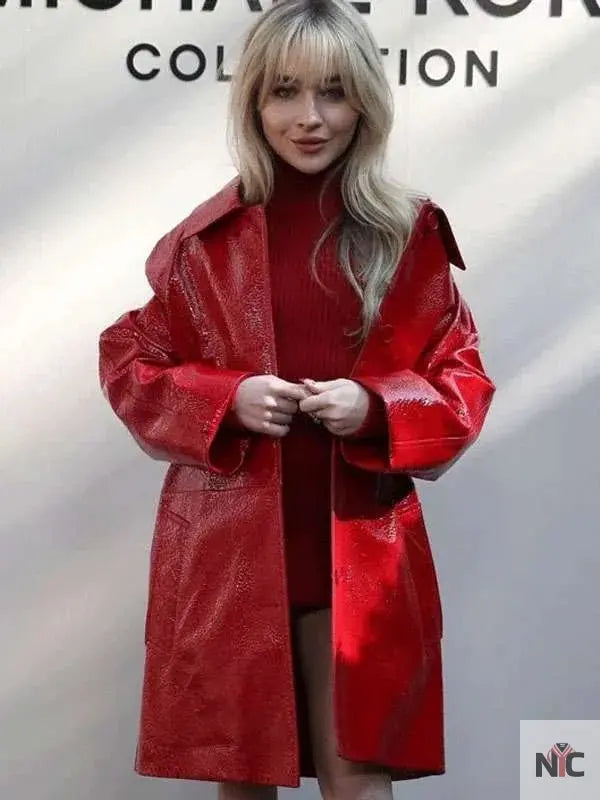 Sabrina Carpenter NYFW Red Leather Coat