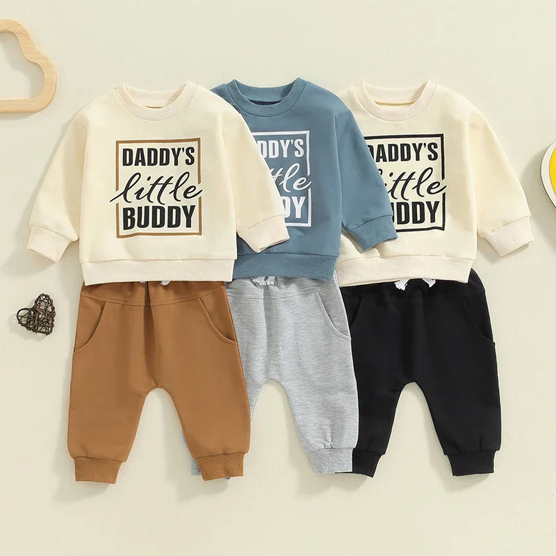 Baby Toddler Boys 2Pcs Daddy&amp;#39;s Little Buddy Fall Outfit Letter Print Long Sleeve Round Neck Top and Solid Color Pants Set