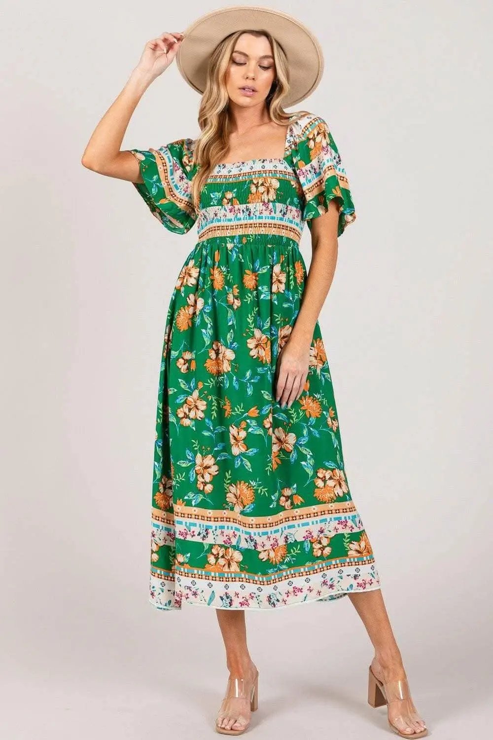 Trendsi Color - Sage and Fig Floral Print Midi Dress with Smocked Slee