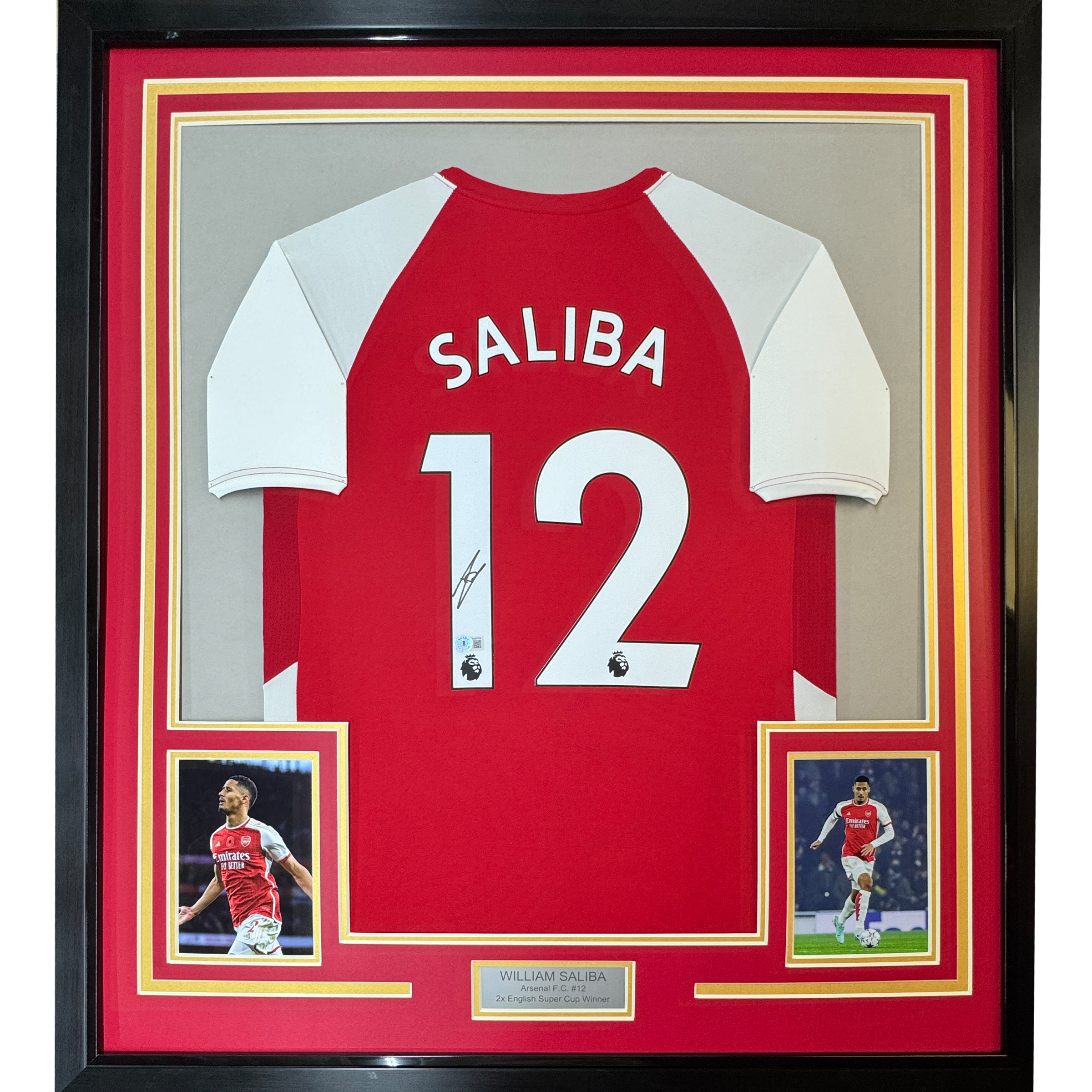 Framed Autographed/Signed William Saliba 35x39 Arsenal Red Soccer Jersey Beckett BAS COA #2