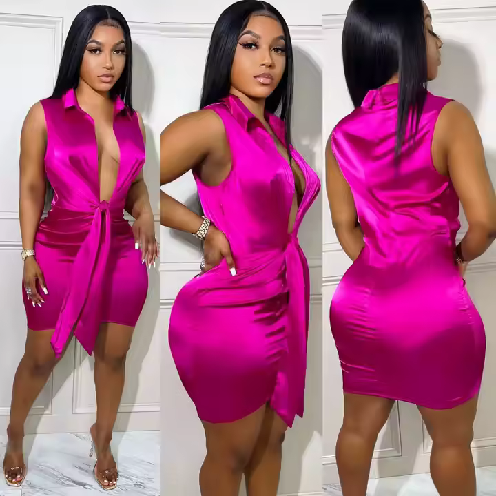 Fuchsia Satin Lace-Up Mini Party Dress