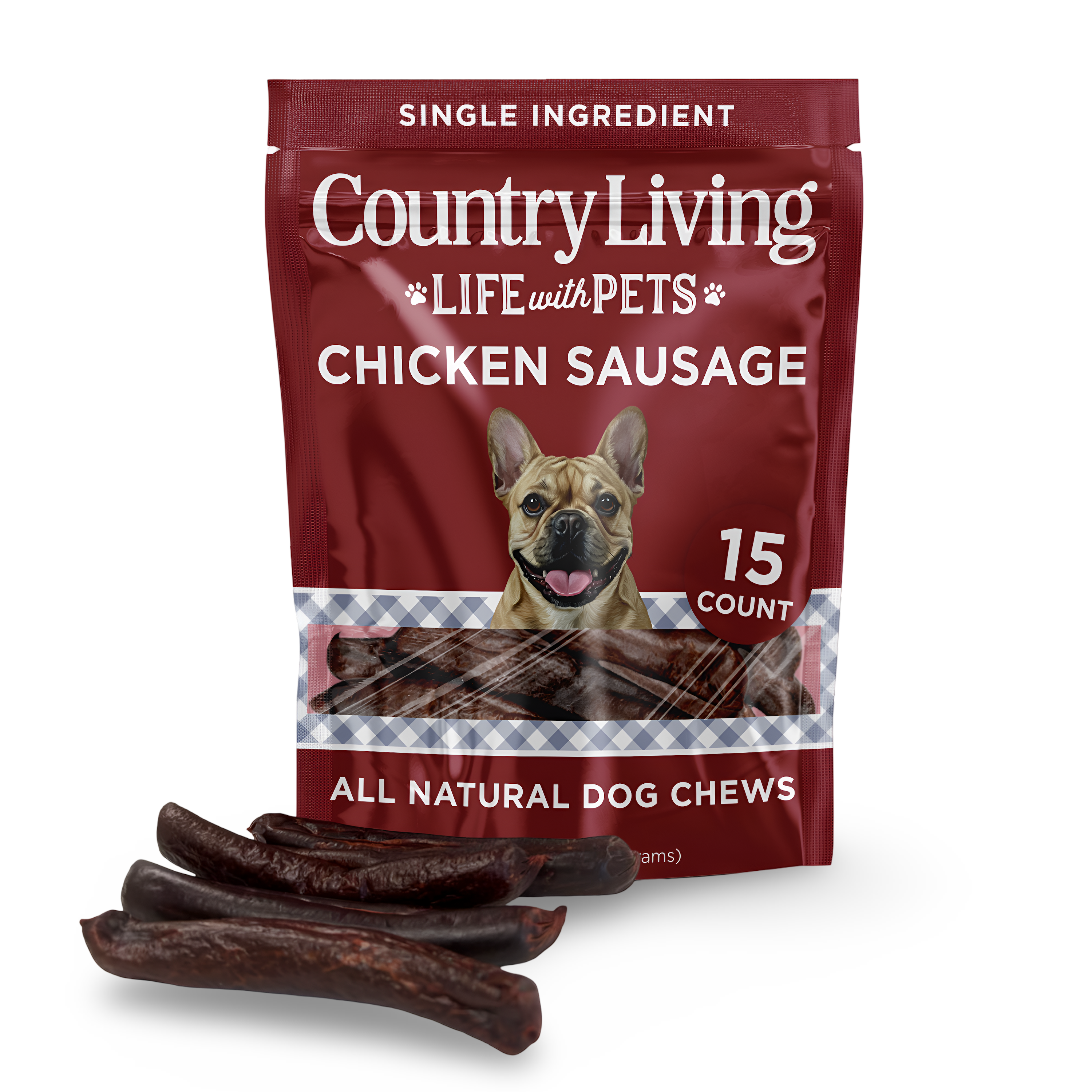 Country Living 4”-5” Beef Flavored Chicken Sausage Dog Treats – 15 Count Bag – Soft &amp;amp; Chewy, High-Protein Training &amp;amp; Reward Treats – Grain-Free, No Artificial Flavors or Preservatives