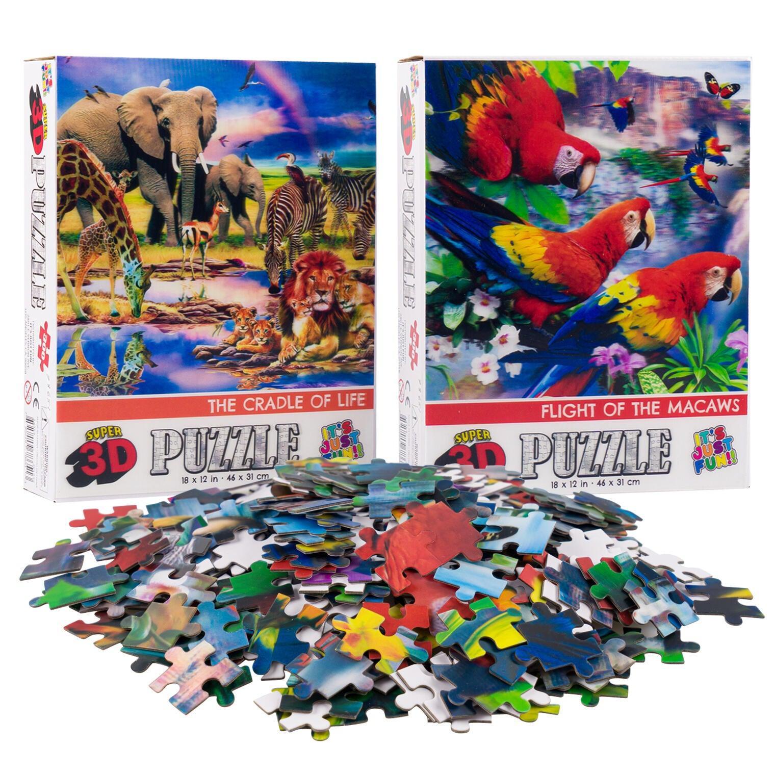 Savanna Animals &amp;amp; Macaws Set of 2 300 Piece Lenticular Jigsaw Puzzles Prime 3D