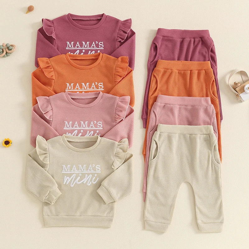 Baby Toddler Girls 2Pcs Set Mama&amp;#39;s Mini Letter Embroidered Long Sleeve Ruffled Top Elastic Waist Pockets Long Pants Outfit