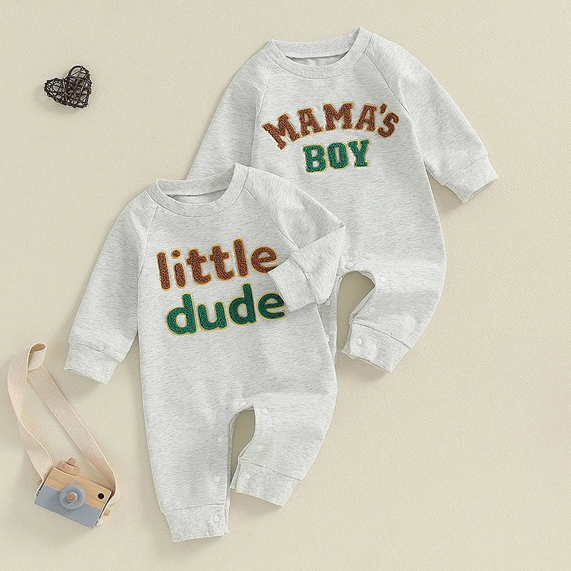 Baby Boys Mama&amp;#39;s Boy / Little Dude Fall Romper Letter Embroidery Long Sleeve Crew Neck Full Length Jumpsuit