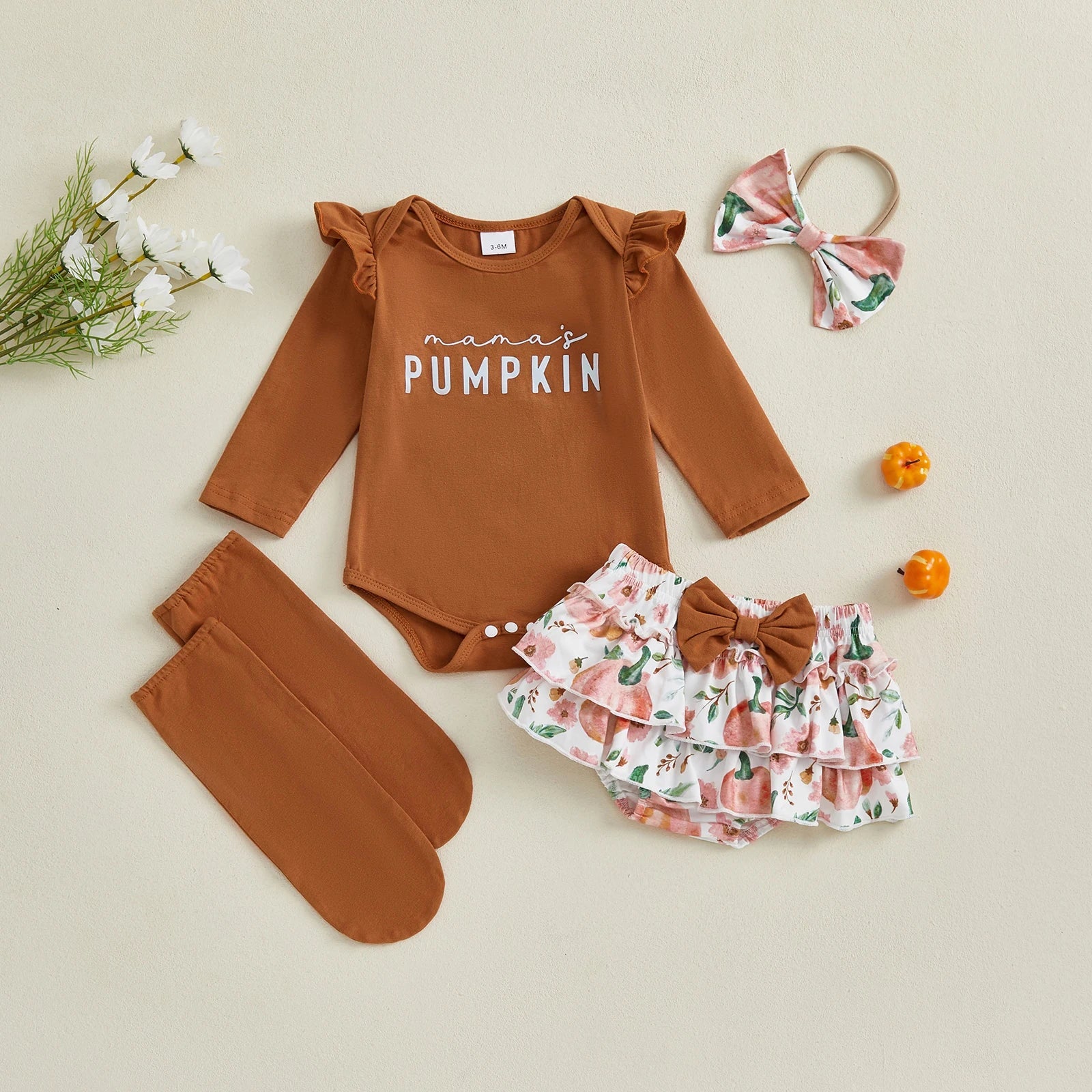 Baby Girls 4Pcs Halloween Outfit Letter Mama&amp;#39;s Pumpkin Long Sleeve Romper Pumpkin Ruffle Shorts Skirt Bow Headband Solid Stockings Set