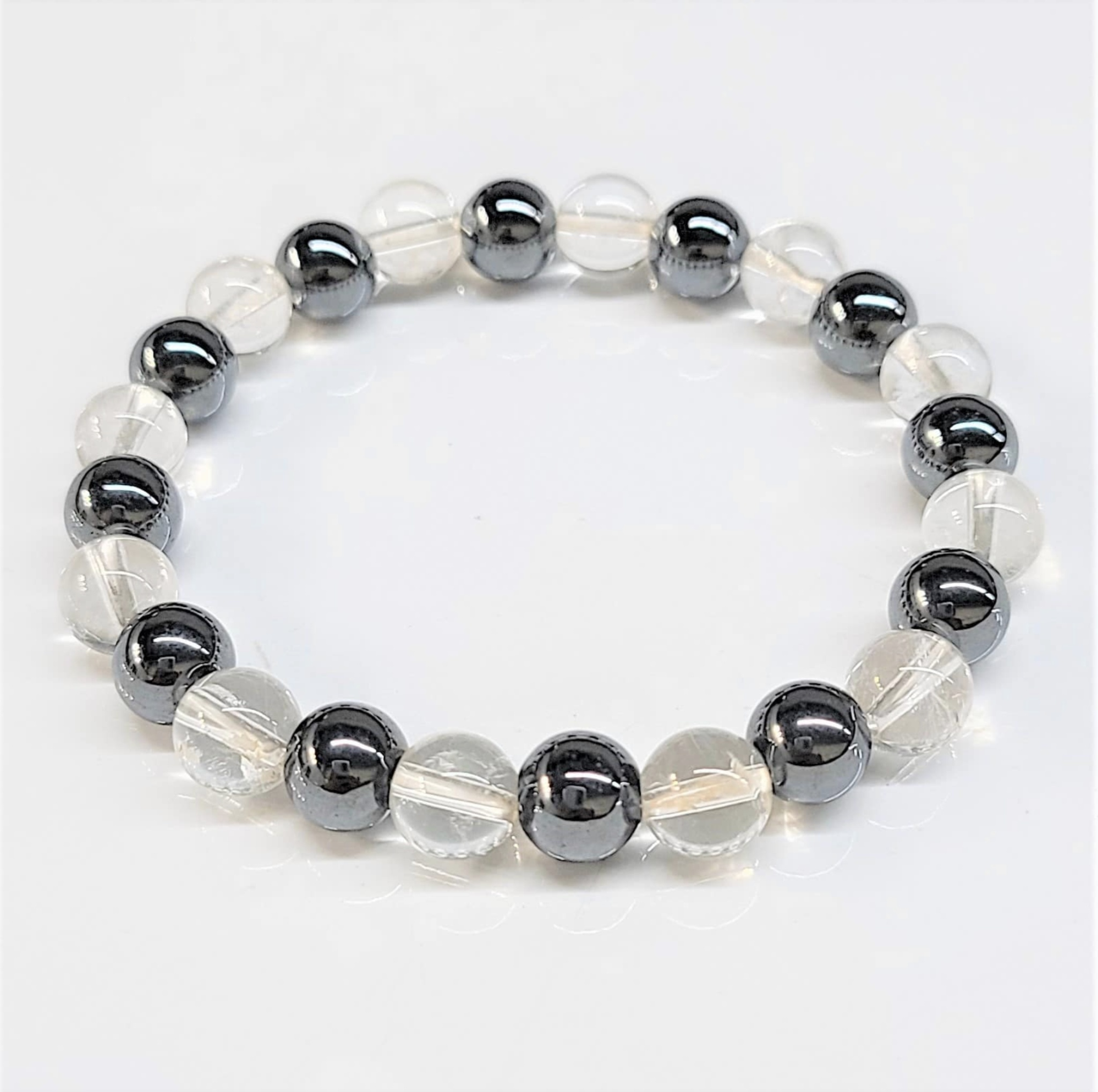 Clear Quartz &amp;amp; Hematite Round Bead Bracelet 8mm - Pure Intuition