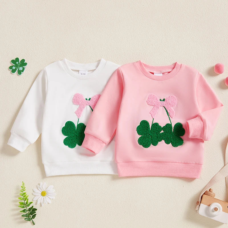 Baby Toddler Girls St. Patrick&amp;#39;s Day Irish Bow Four Leaf Clover Embroidery Long Sleeve Pullover Top Casual Spring Clothes